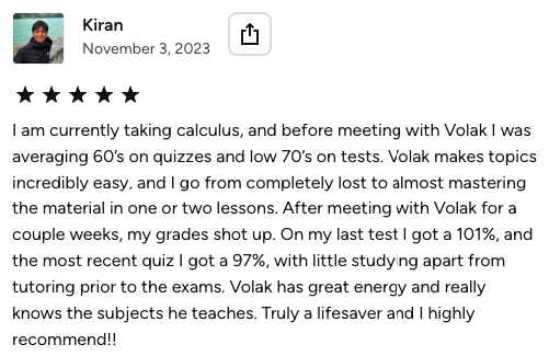Five-star review from Kiran, who went from averaging 60s and 70s to a 101 percent on a test