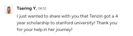 Message from a parent: Tenzin got a 4-year scholarship to Stanford University, thank you for your help