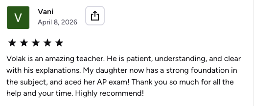 Five-star review from Vani, a parent, saying her daughter aced her AP exam